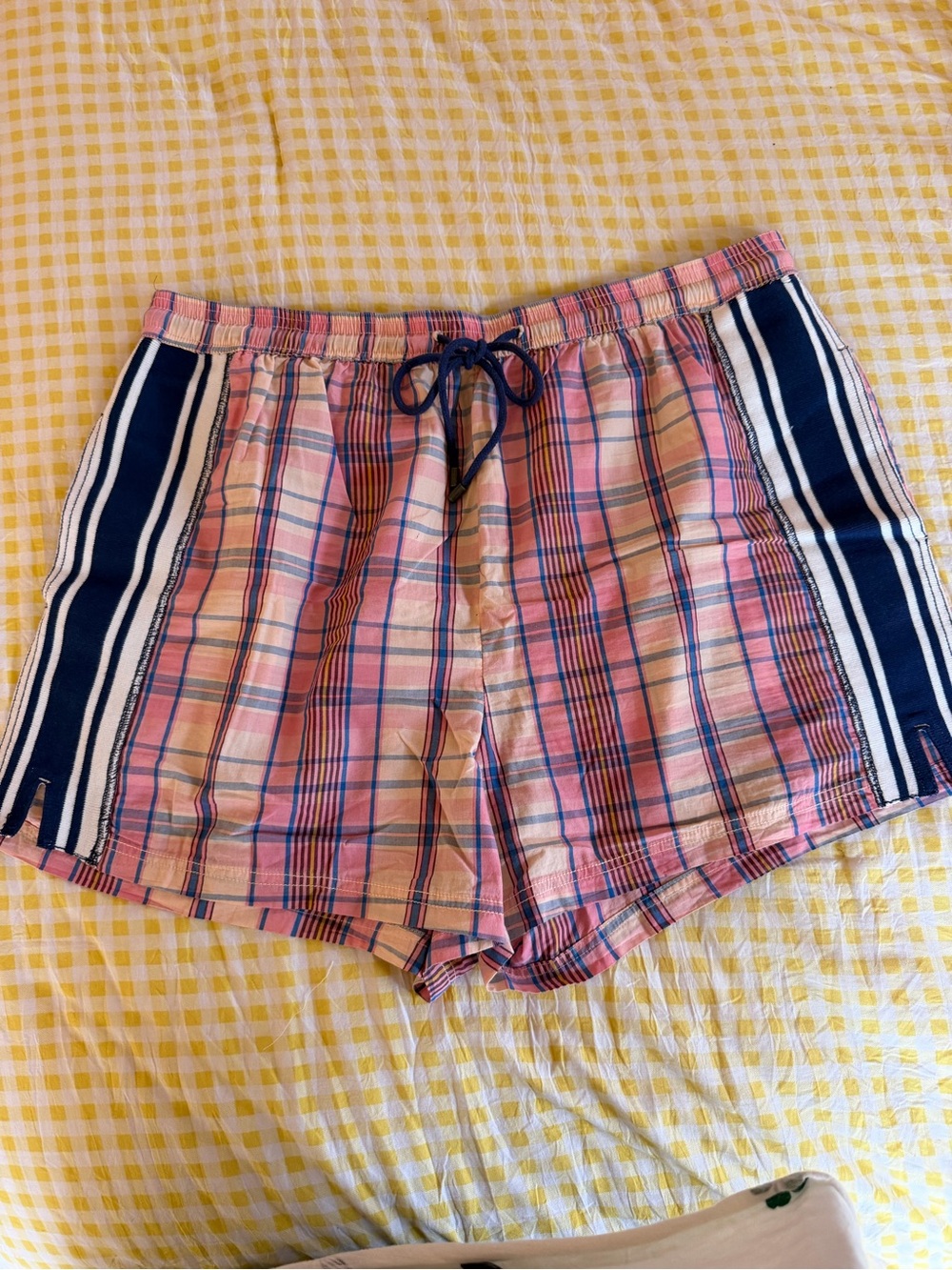 Free People Pink Plaid Athletic Shorts with Navy Side Panels